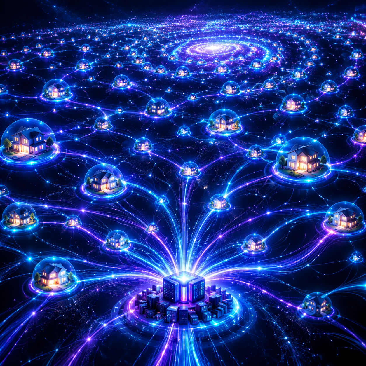 Conceptual artwork depicting an infinite grid of glowing residential IP nodes for web crawling.