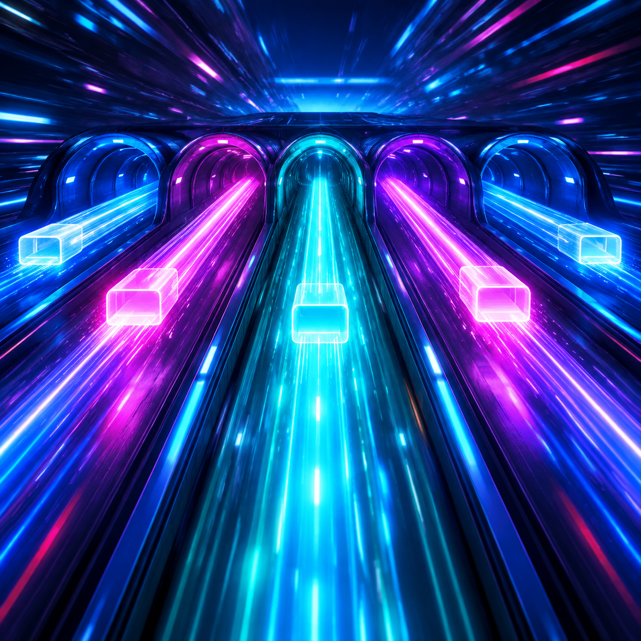 Parallel light beams flowing simultaneously representing asynchronous high-speed Python web requests.