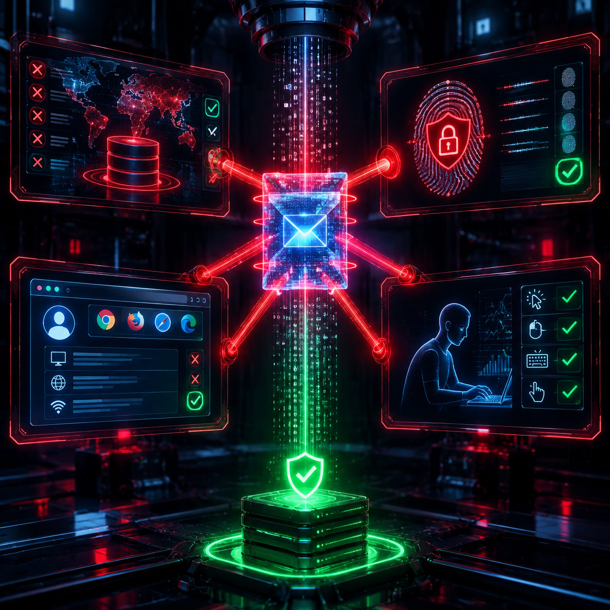 Holographic security system scanning automated requests across IP reputation, fingerprinting, and browser checks.