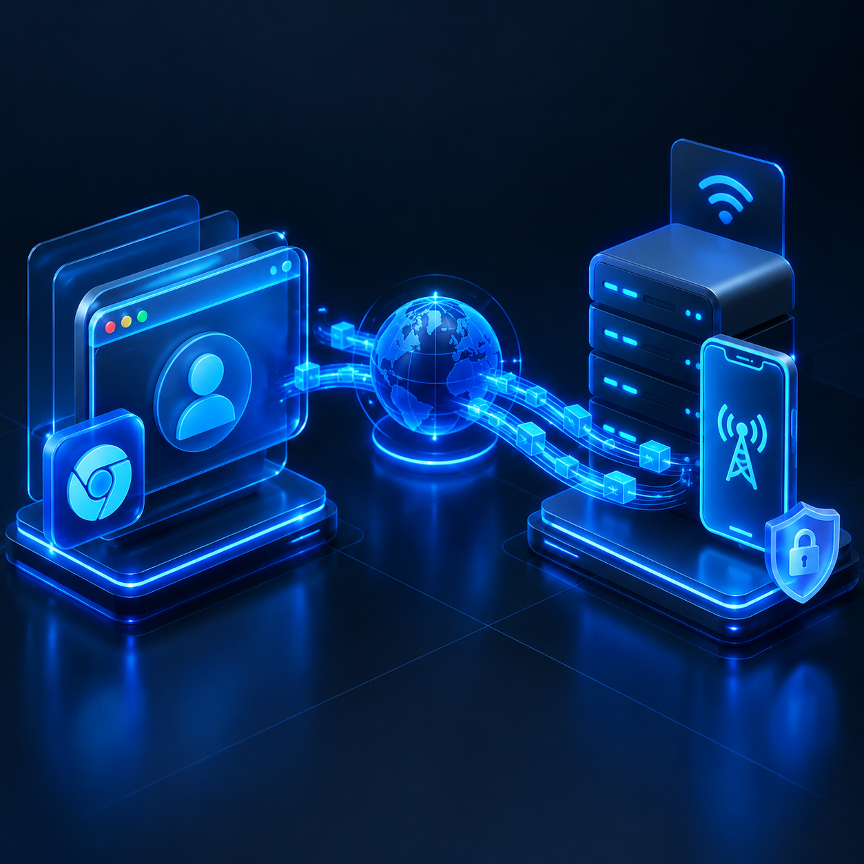 Giao diện 3D minh họa việc tích hợp và cấu hình thông số mobile proxy vào trình duyệt.