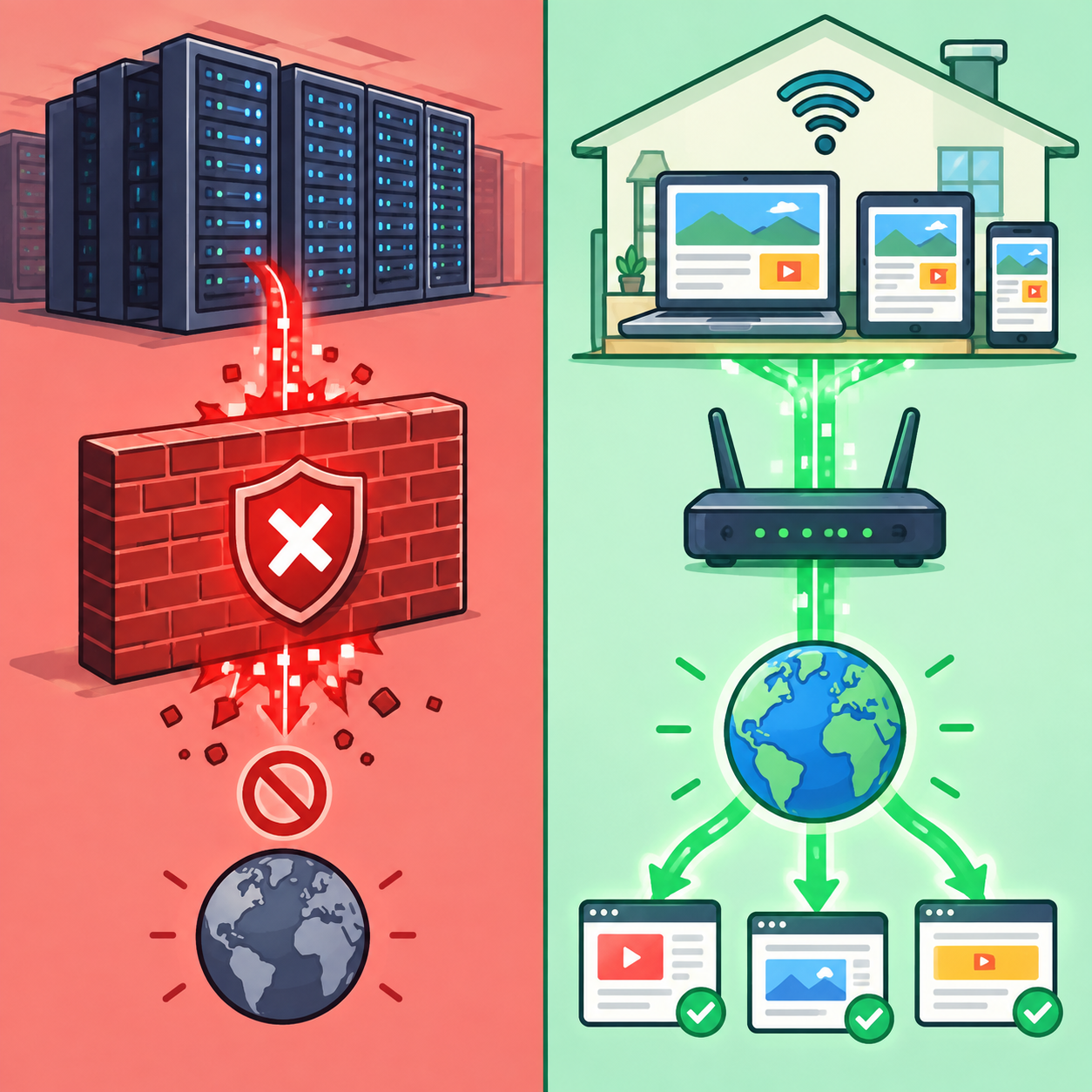 So sánh luồng kết nối giữa Datacenter Proxy bị chặn và Residential Proxy đi qua mượt mà.