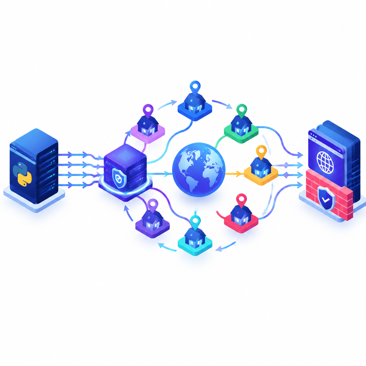 Sơ đồ mô tả cơ chế hoạt động của Rotating Proxy từ script Python qua pool IP đến server mục tiêu.