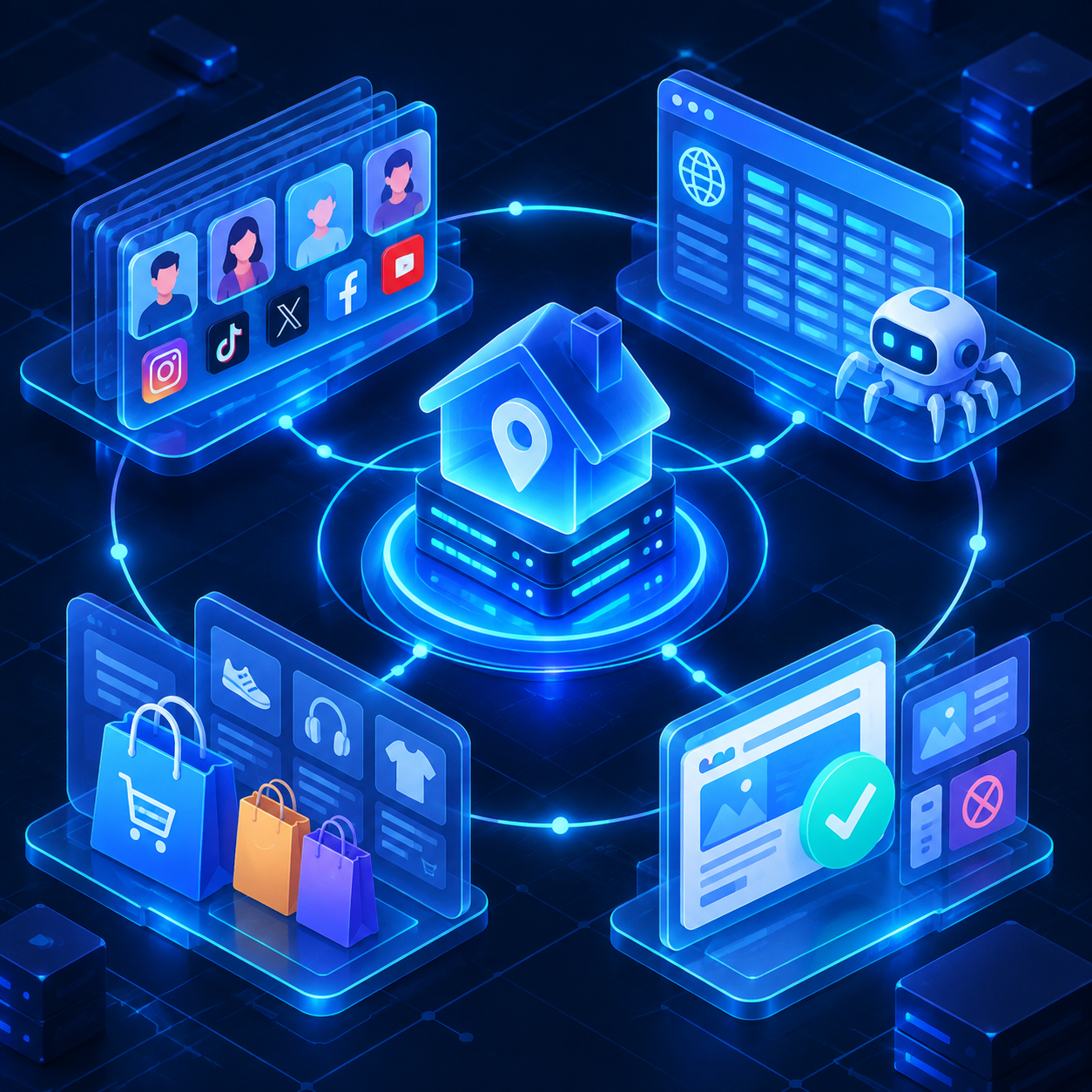 Illustration of practical proxy applications including account management, web scraping, and e-commerce.