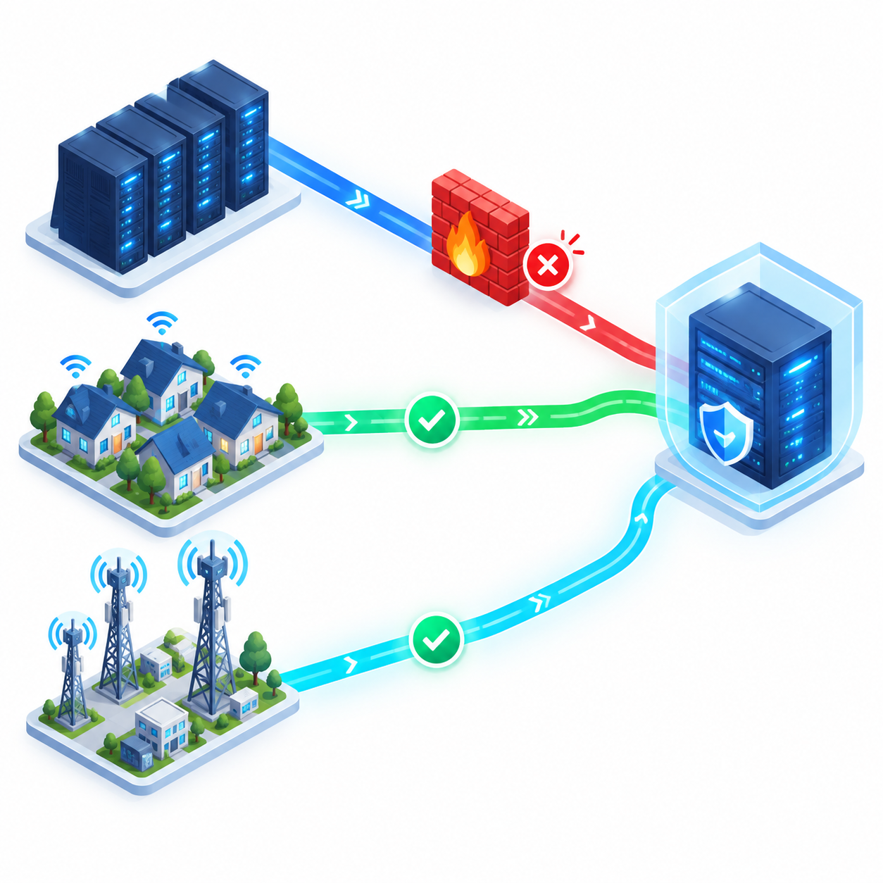Isometric comparison diagram of datacenter, residential, and mobile proxy routes reaching a secure web server.