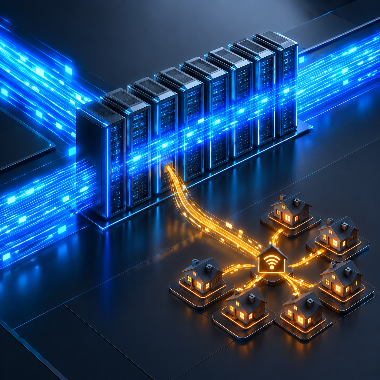 Conceptual 3D diagram showing a hybrid proxy system routing data between datacenter and residential proxies.