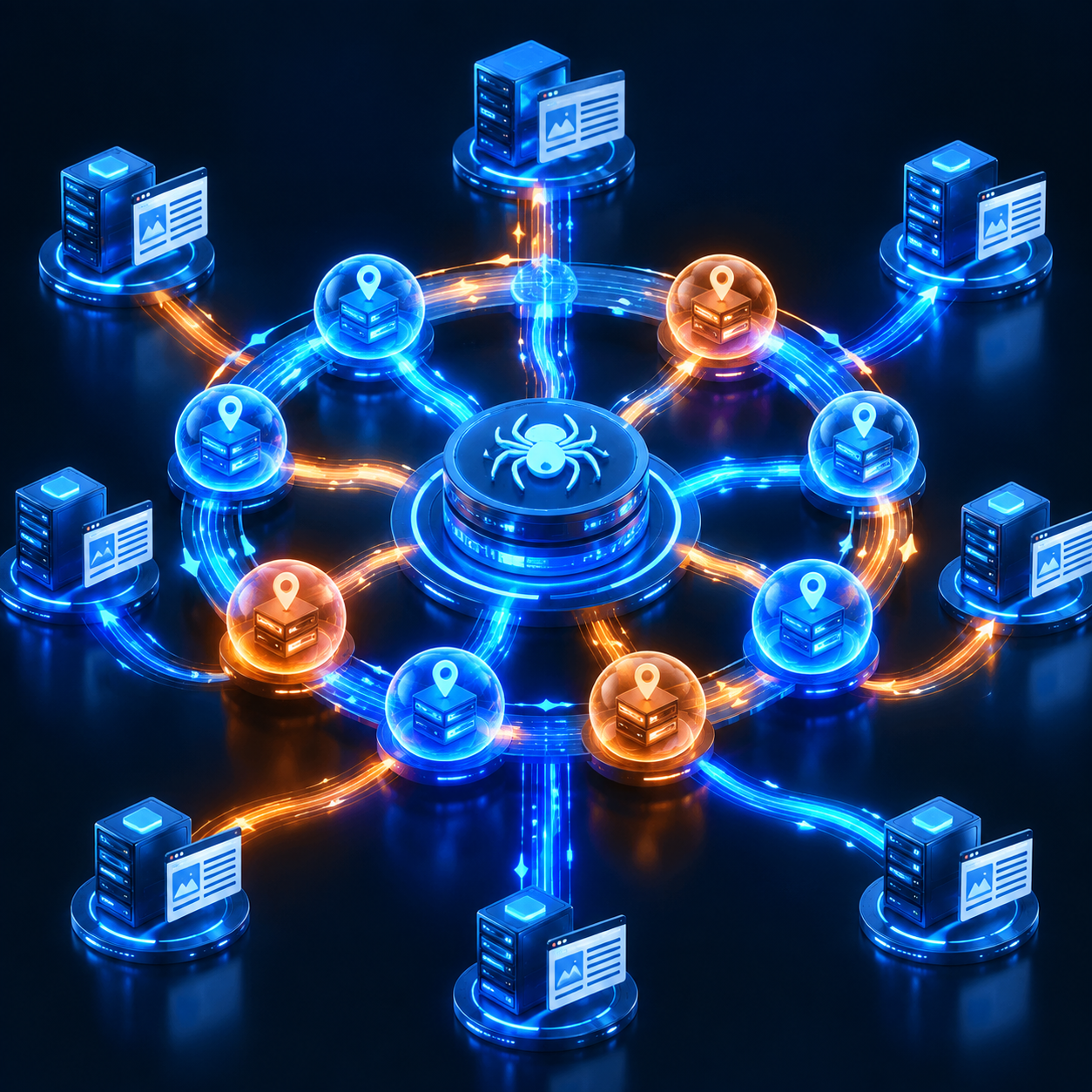 3D network diagram illustrating automated IP rotation swapping proxy nodes for web requests.