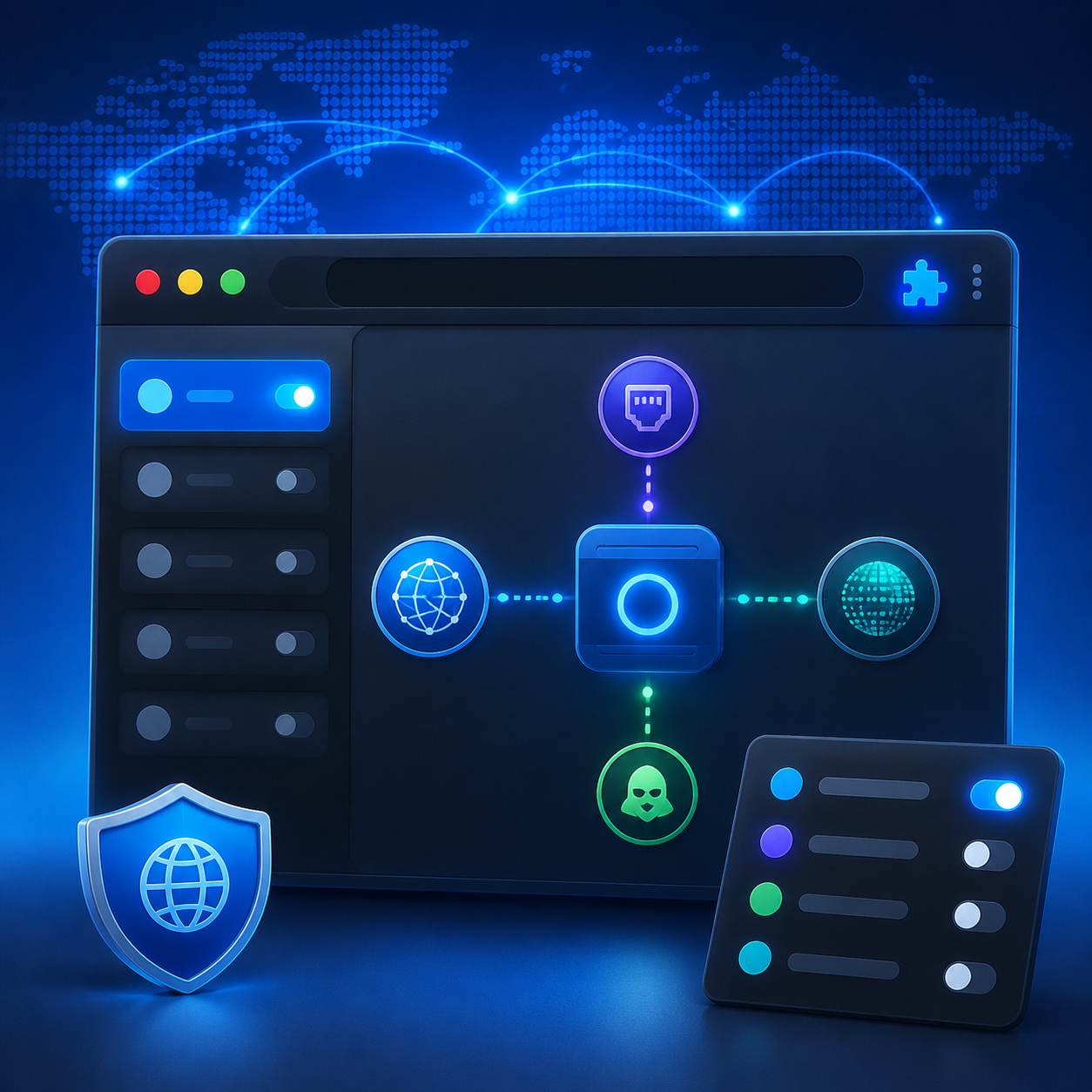 Conceptual UI illustration depicting proxy profile switching within a web browser extension interface.