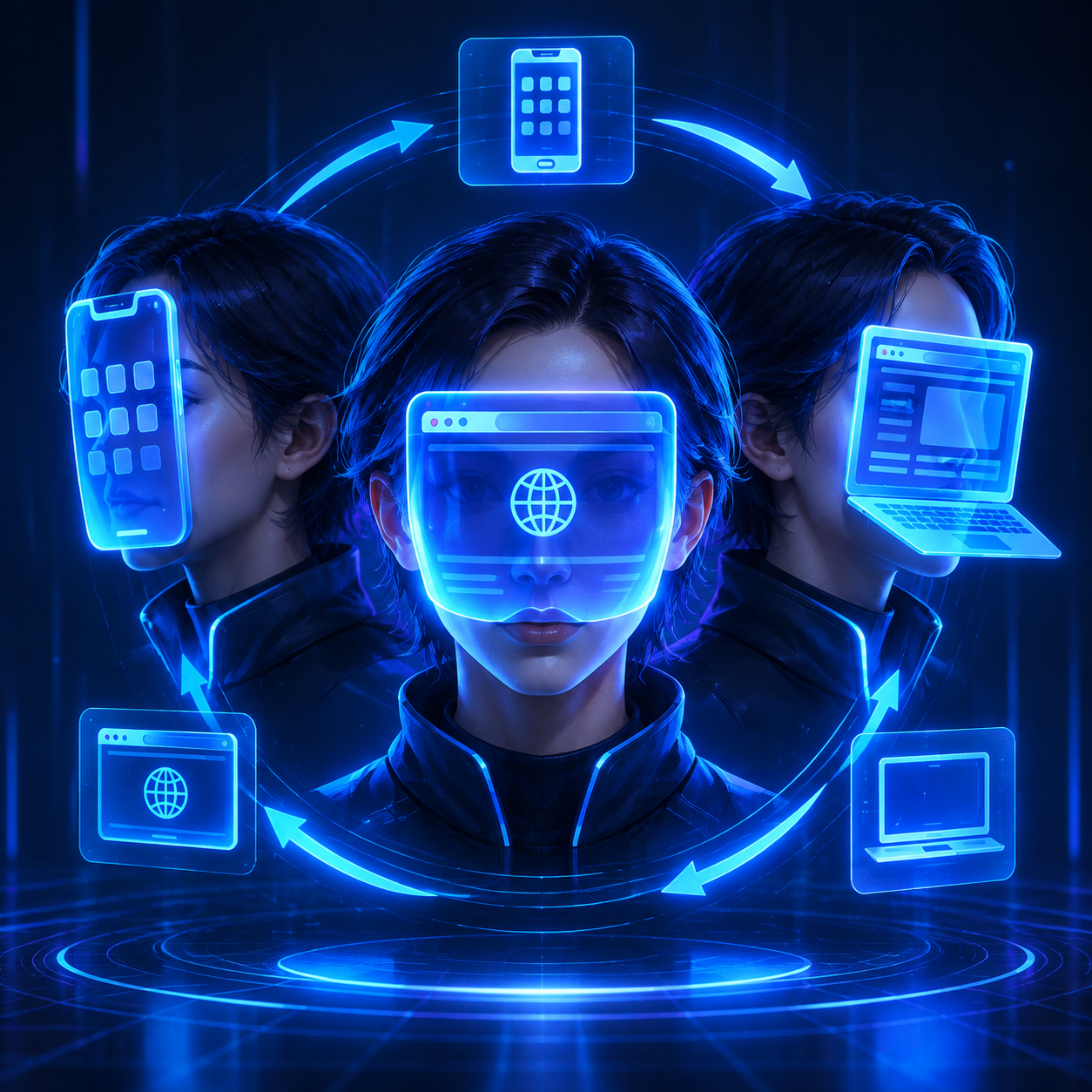 Conceptual visualization of dynamic browser user-agent masks changing identity to evade bot detection.