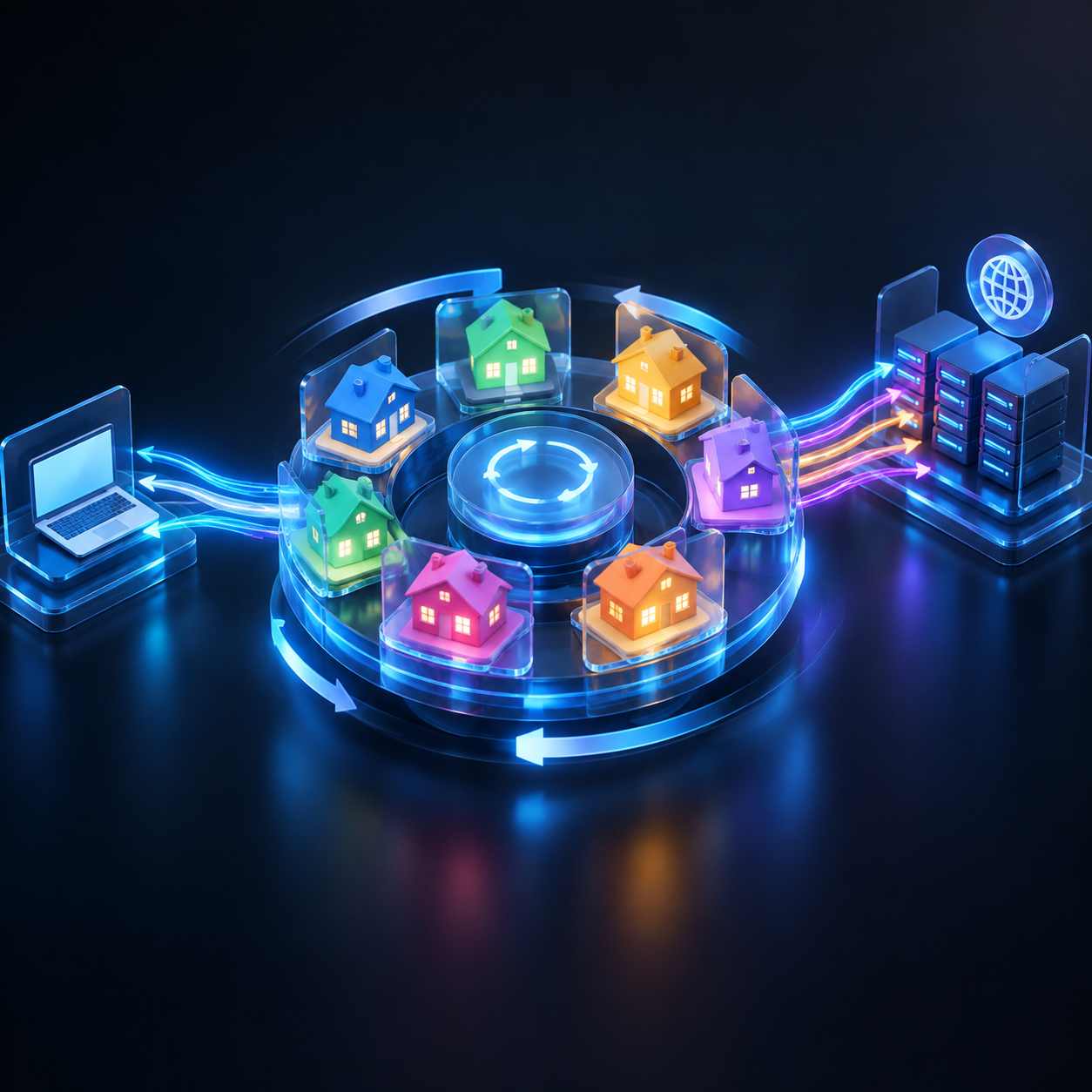 3D visualization of dynamic IP rotation switching proxy nodes for web scraping requests.