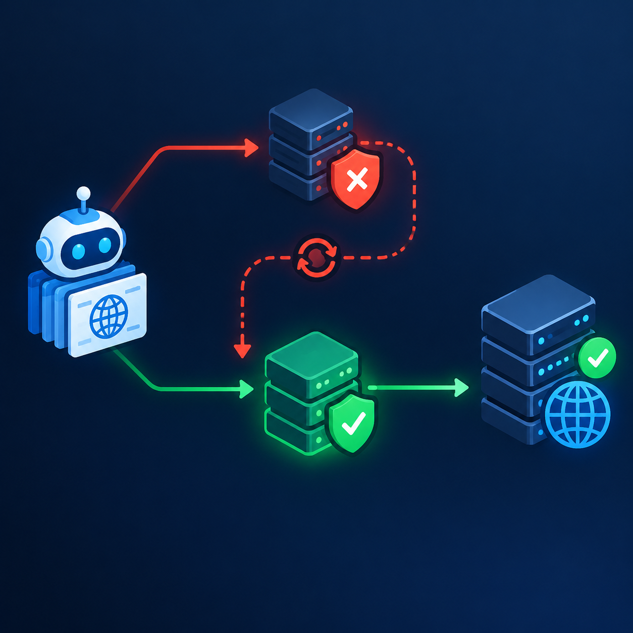 Mô phỏng hệ thống tự động phát hiện IP lỗi và chuyển hướng request sang proxy dự phòng.
