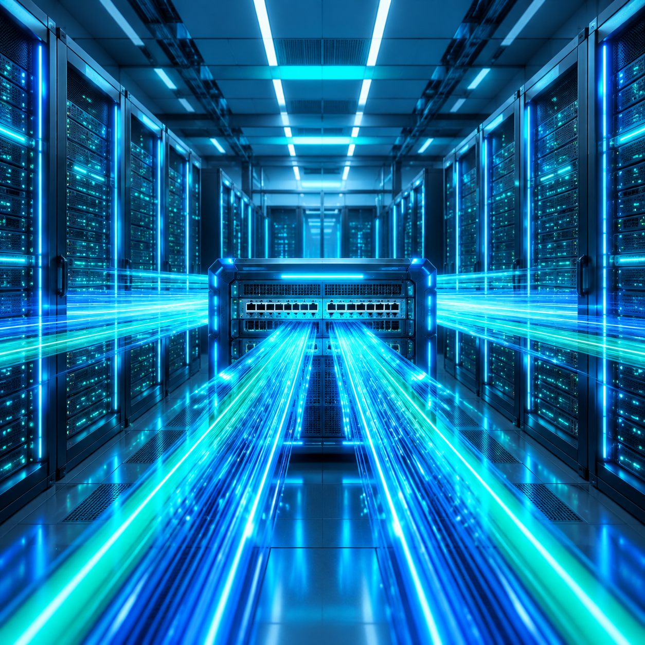 Hệ thống máy chủ Datacenter với dải đèn LED xanh lá và xanh dương thể hiện tốc độ truyền tải dữ liệu cực nhanh.