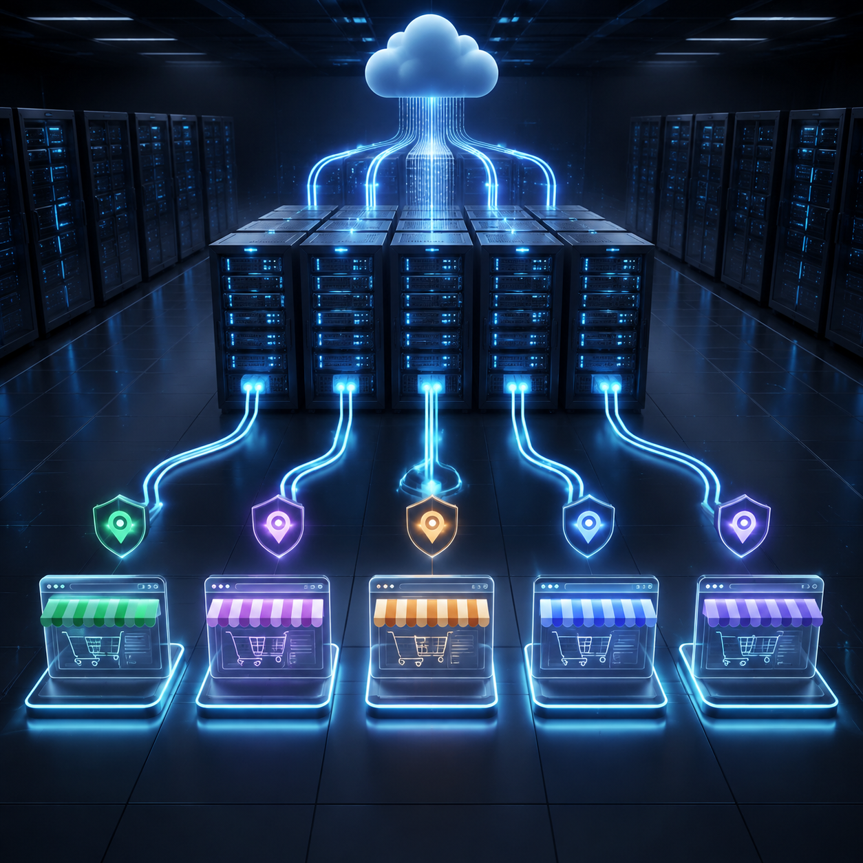 Minh họa cách proxy datacenter phân tách địa chỉ IP độc lập cho từng gian hàng online.