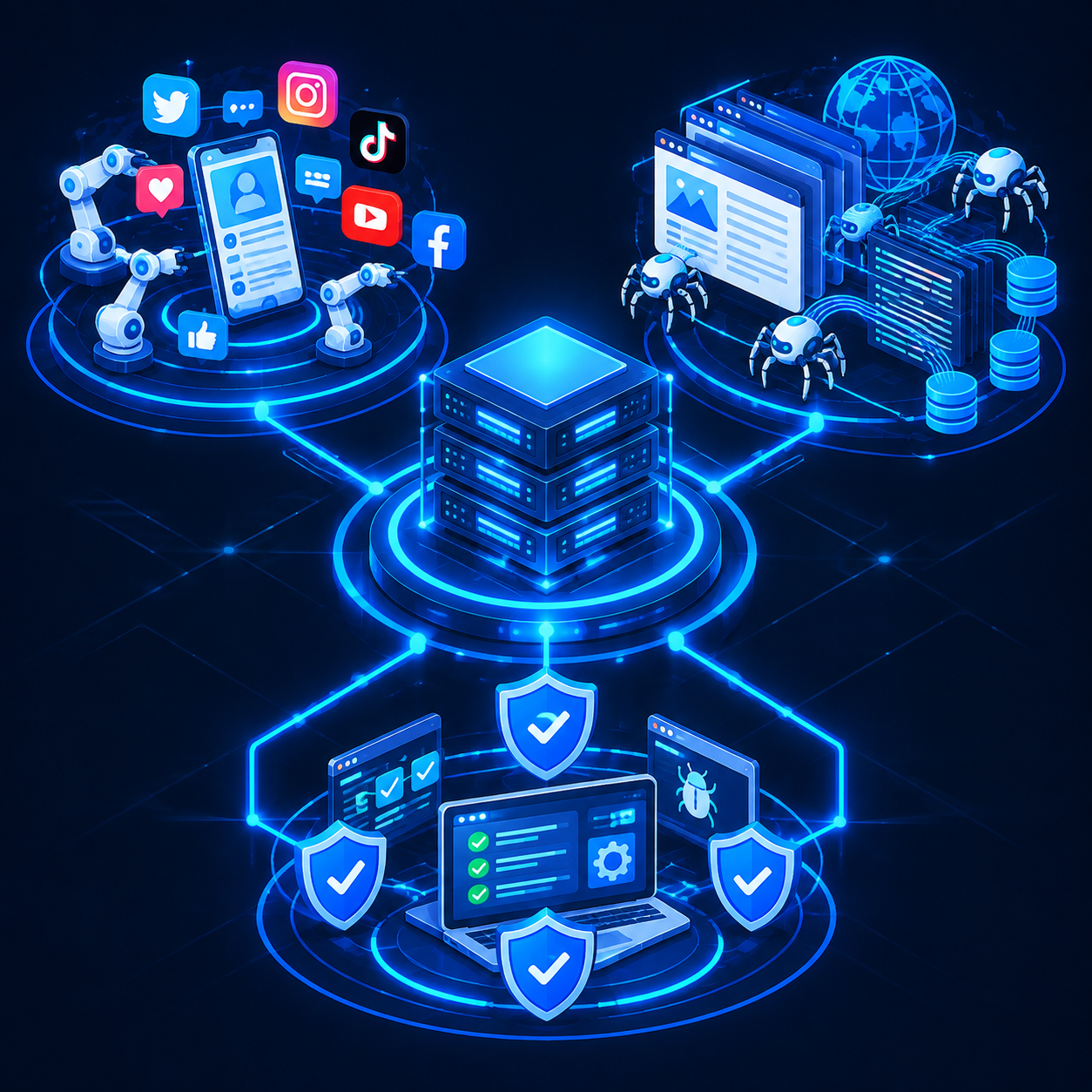 Minh họa các ứng dụng của IPv6 Datacenter Proxy như cào dữ liệu, tự động hóa và kiểm thử.