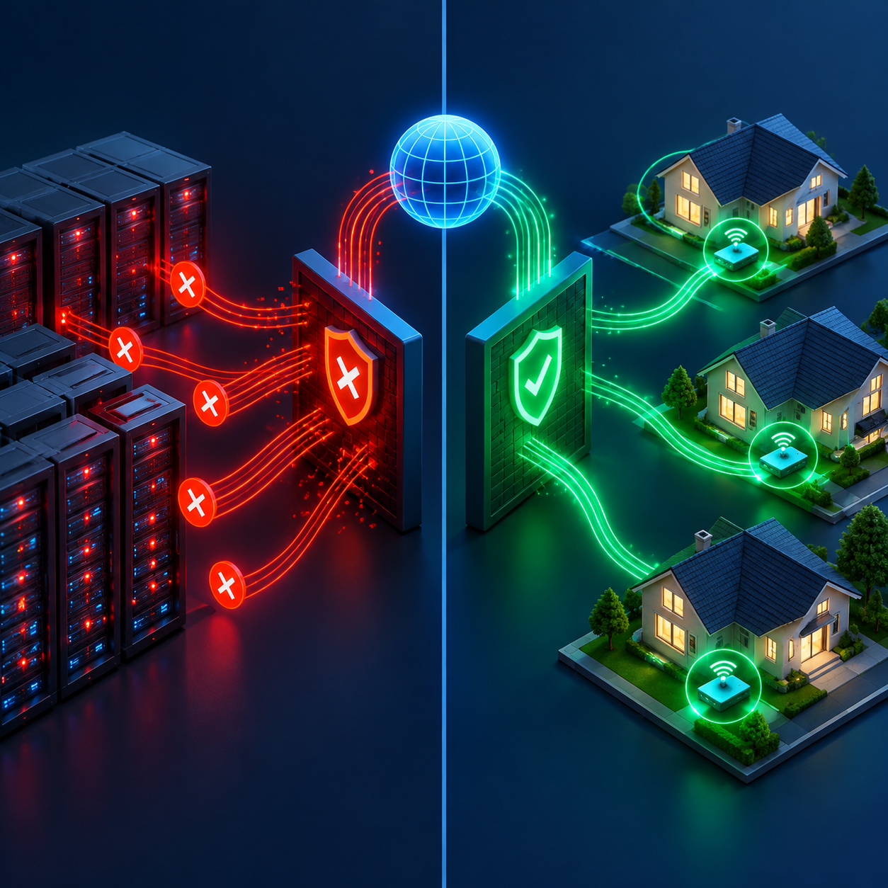 Visual comparison between datacenter server proxies being blocked and residential IP proxies bypassing detection filters.