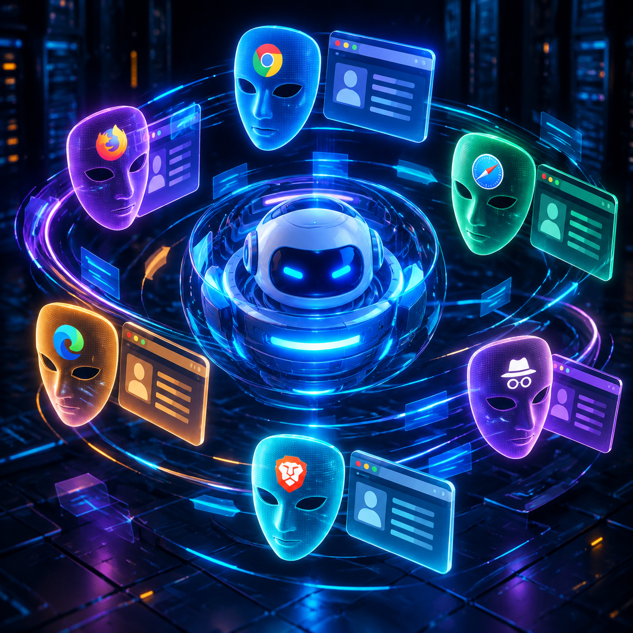 爬虫伪装与User-Agent轮换示意图，展示模拟不同浏览器和设备标识。