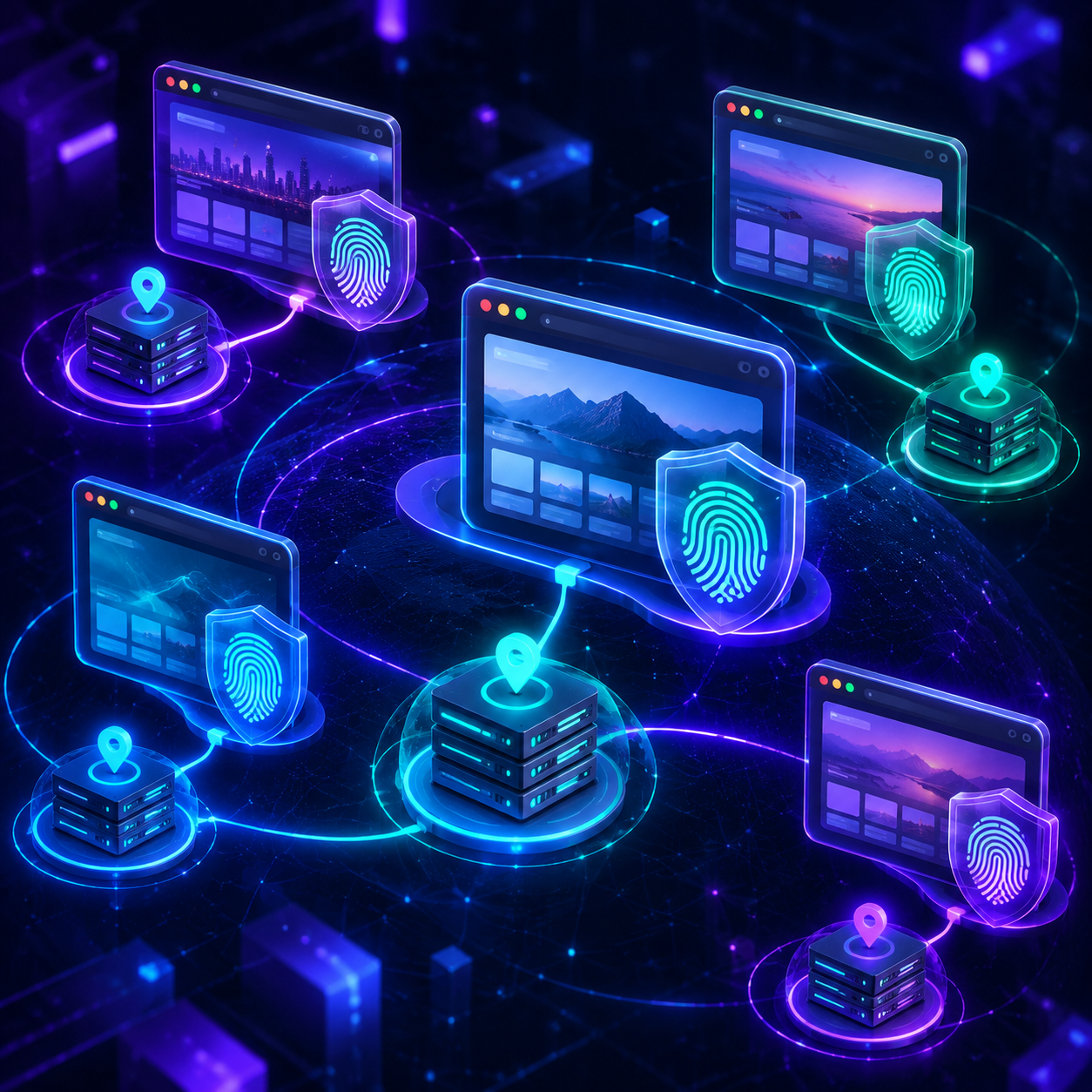 Mô hình trình duyệt ẩn danh kết hợp proxy datacenter và ngụy trang dấu vân tay thiết bị.