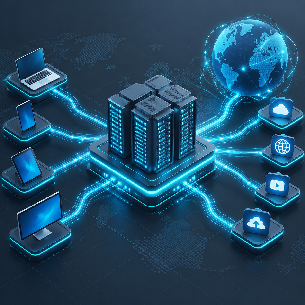 Mô hình kiến trúc máy chủ IPv6 Datacenter Proxy điều hướng luồng dữ liệu mạng.