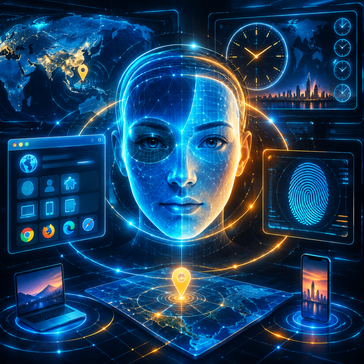 Conceptual visual of synchronizing browser fingerprint attributes like geolocation, timezone, and user agent.
