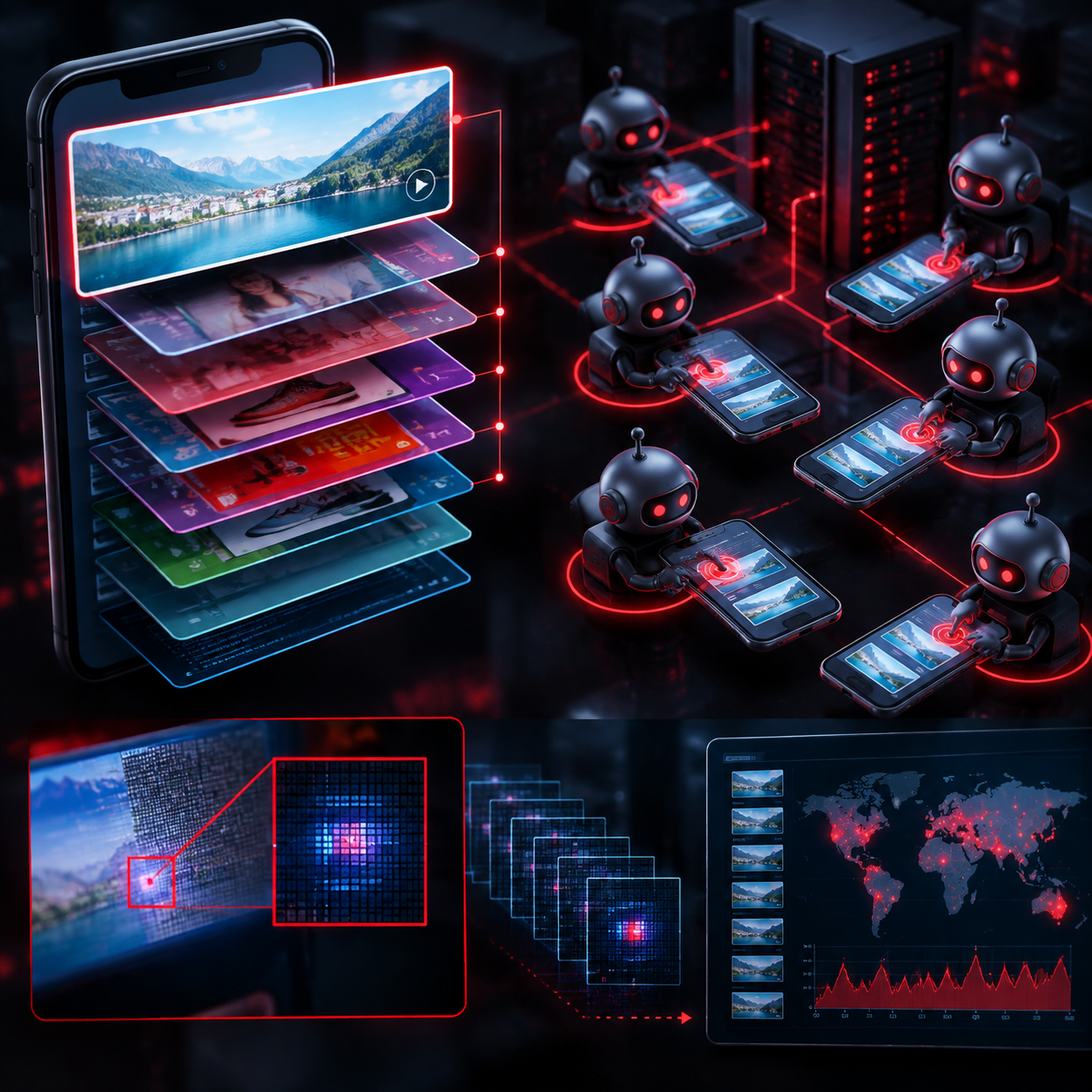 Conceptual illustration of online ad fraud methods including ad stacking, pixel stuffing, and bot clicks.