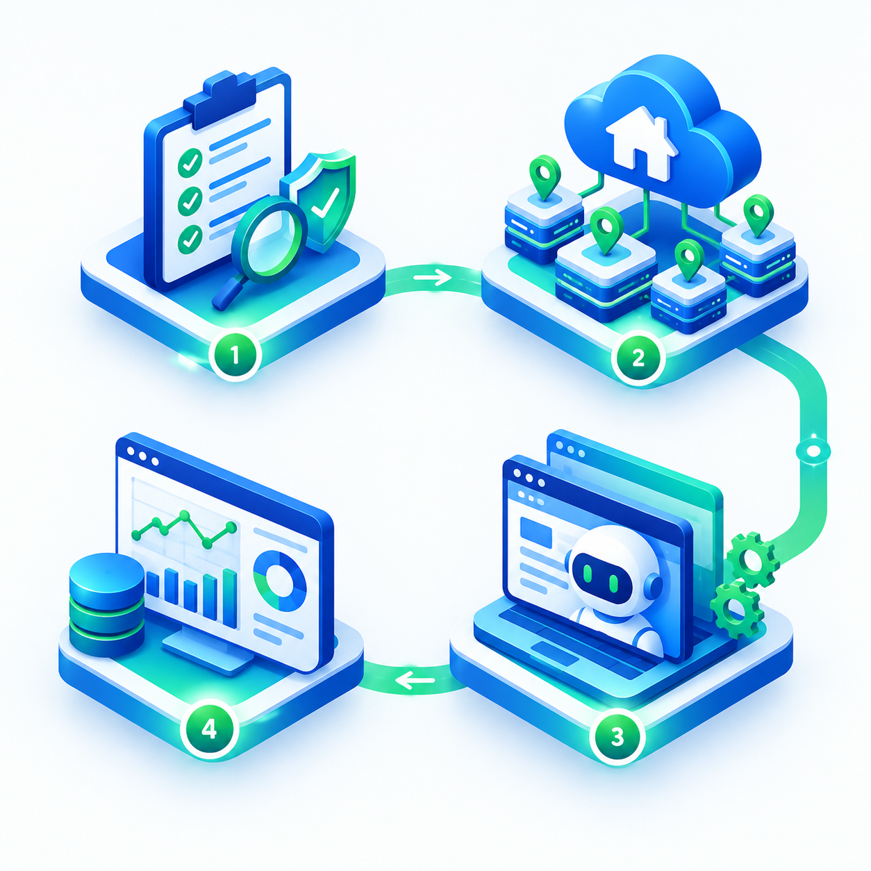 Four-step workflow diagram showing proxy selection, integration into automation scripts, and ad fraud data analysis.