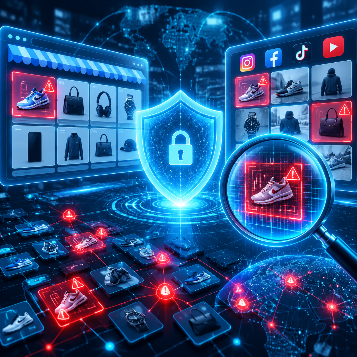 Visual representation of digital brand protection scanning online marketplaces to detect counterfeit items.
