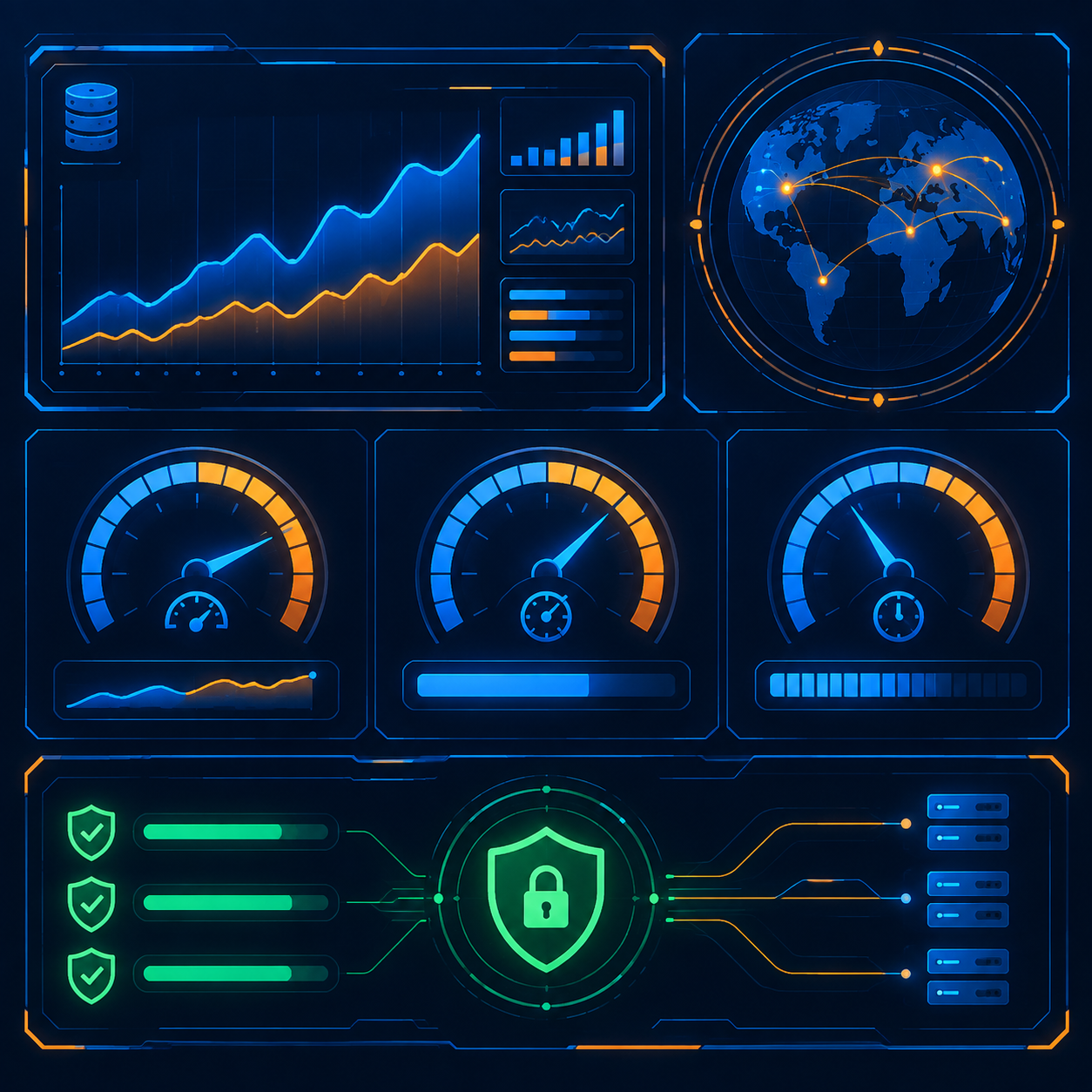 Futuristic UI monitor displaying request rate limiting and automated anti-bot security handling.