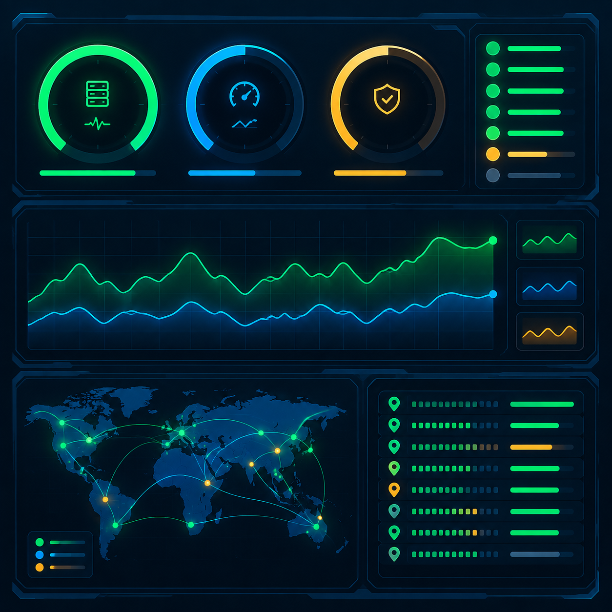 Futuristic dashboard interface tracking web scraper success rates, latency, and proxy pool health.