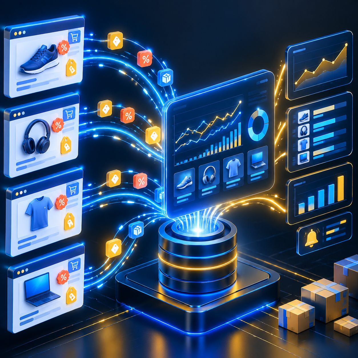 Digital graphic illustrating high-speed data extraction of e-commerce prices and stock information.