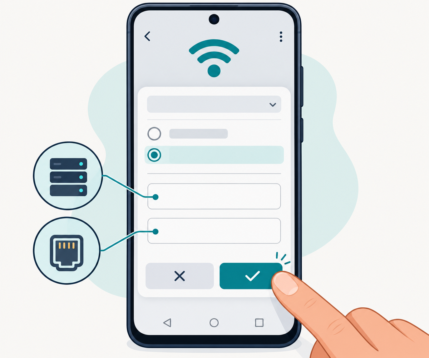 Minh hoạ hai trường riêng để nhập địa chỉ máy chủ và cổng proxy trong thiết lập Wi-Fi Android.