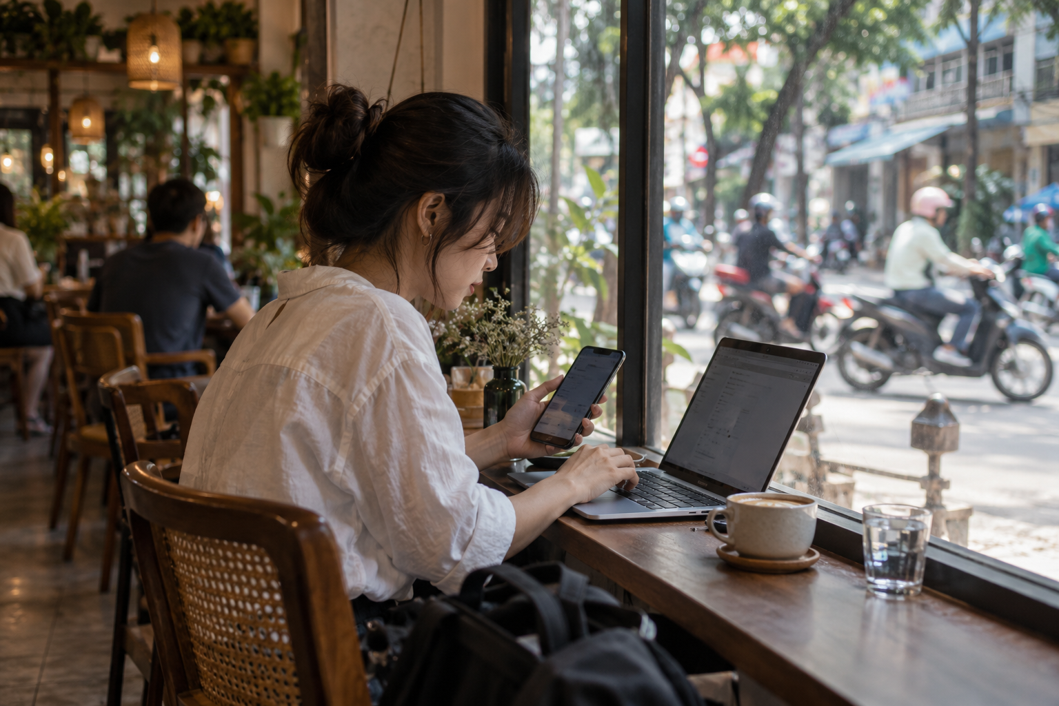 Khách trong quán cà phê kiểm tra laptop và điện thoại, hai thiết bị có thể cung cấp dữ liệu vị trí.