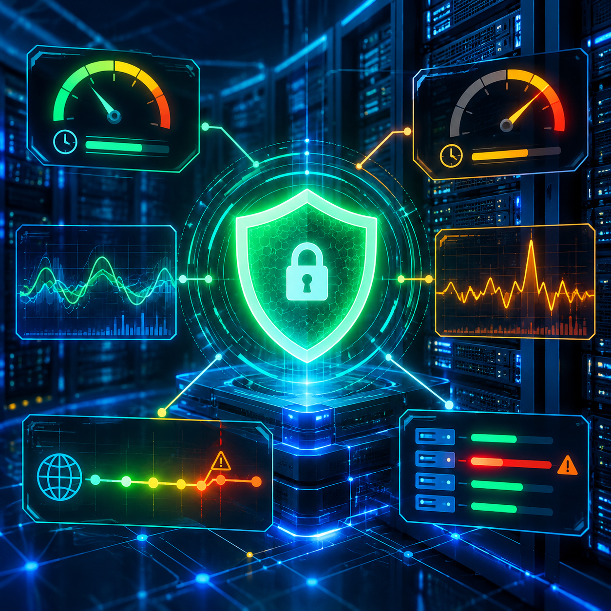 Minh hoạ các yếu tố kỹ thuật gồm chứng chỉ SSL, độ trễ mạng và phân tích điểm nghẽn