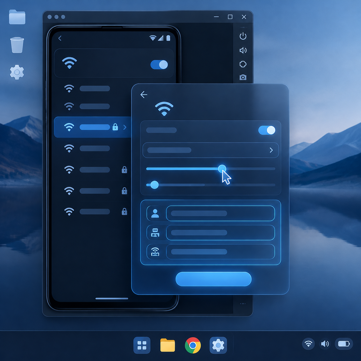 Giao diện thiết lập mạng Wi-Fi thủ công bên trong môi trường giả lập Android.