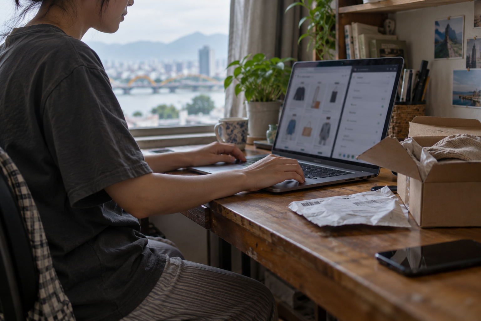 Laptop bên cạnh kiện hàng, minh họa lựa chọn khu vực mua sắm có thể được website ghi nhớ.