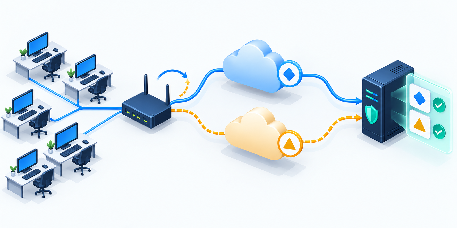 Mạng văn phòng có hai đường truyền với IP đầu ra khác nhau, cùng được đăng ký trong whitelist proxy.
