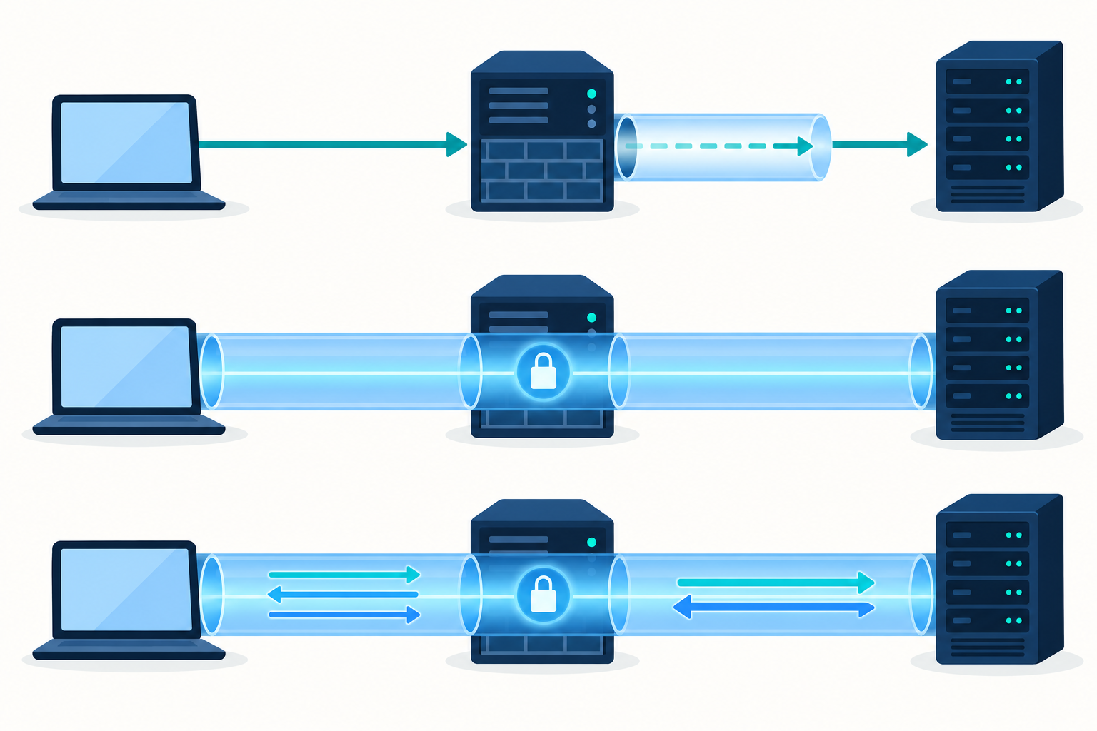 Ba bước kết nối wss qua HTTP proxy: tạo đường hầm, thiết lập TLS và bắt tay WebSocket bên trong.