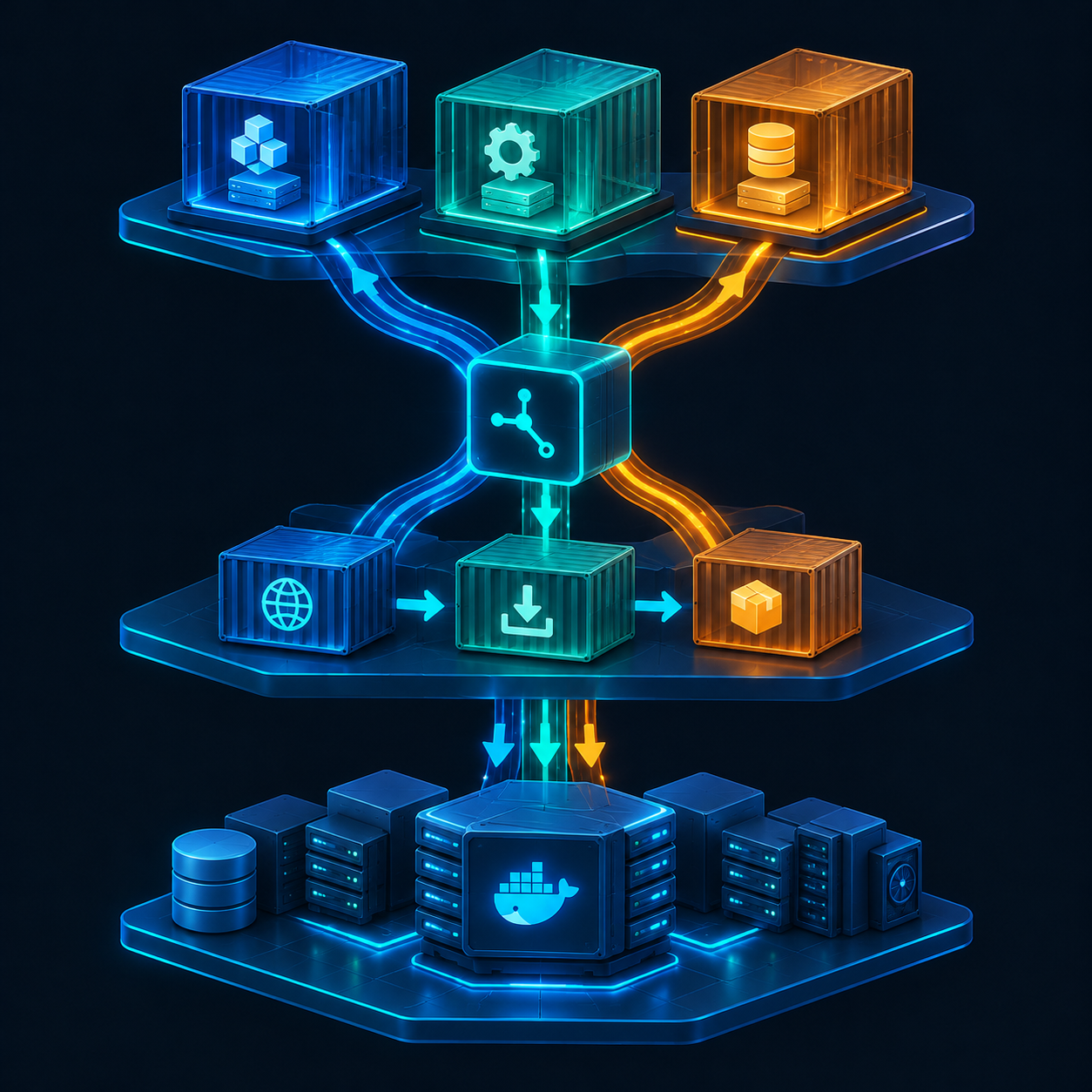 Sơ đồ ba tầng phạm vi proxy trong Docker gồm daemon, build image và container runtime