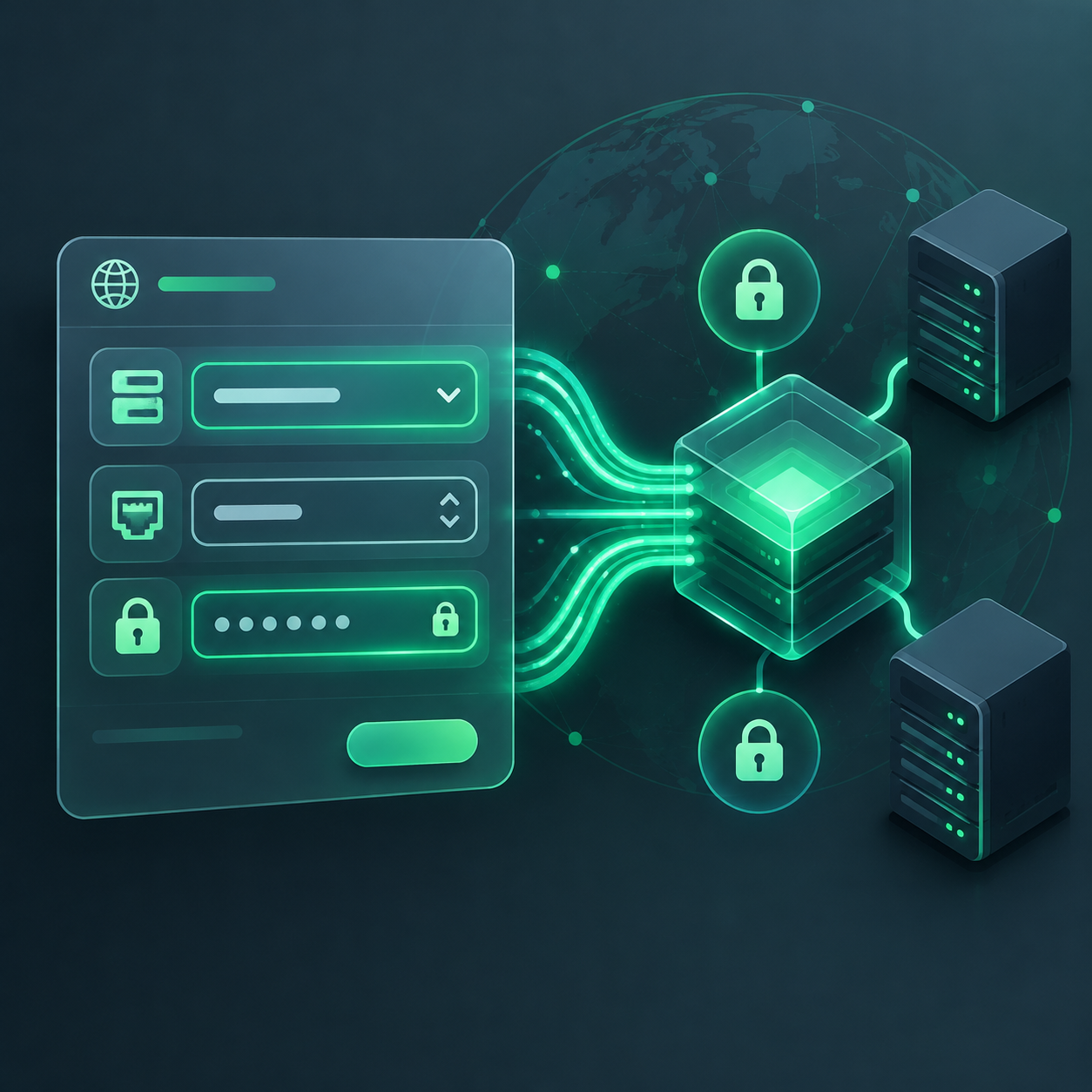 Giao diện mô phỏng quá trình thiết lập thông số kỹ thuật máy chủ proxy và xác thực tài khoản