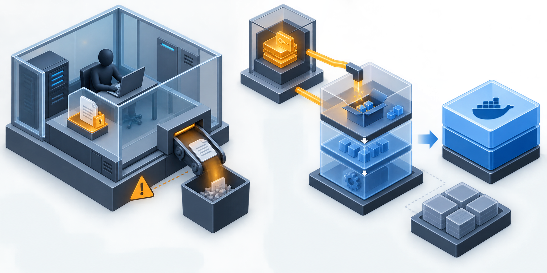 Runner cô lập, tệp cấu hình tạm được dọn dẹp và build secret không lưu vào layer hay image cuối.