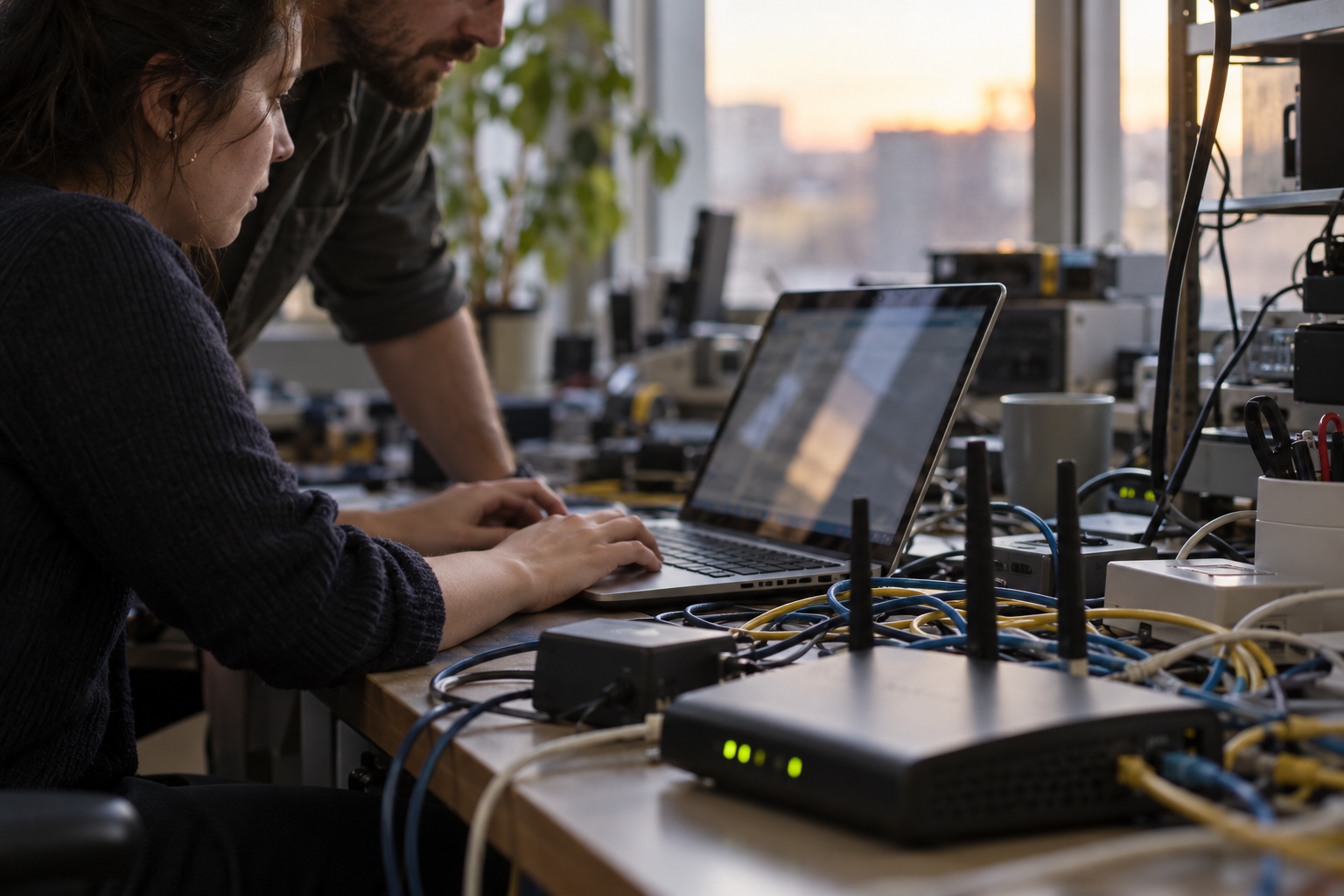 Hai nhân viên hỗ trợ kiểm tra lỗi kết nối bên laptop, router và dây mạng trên bàn kỹ thuật.