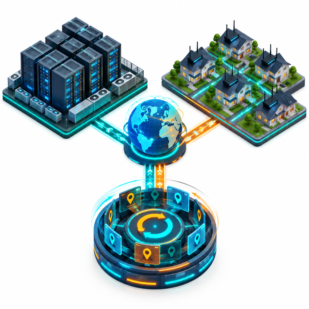 Sơ đồ so sánh cơ chế hoạt động của proxy datacenter, proxy dân cư và proxy xoay vòng